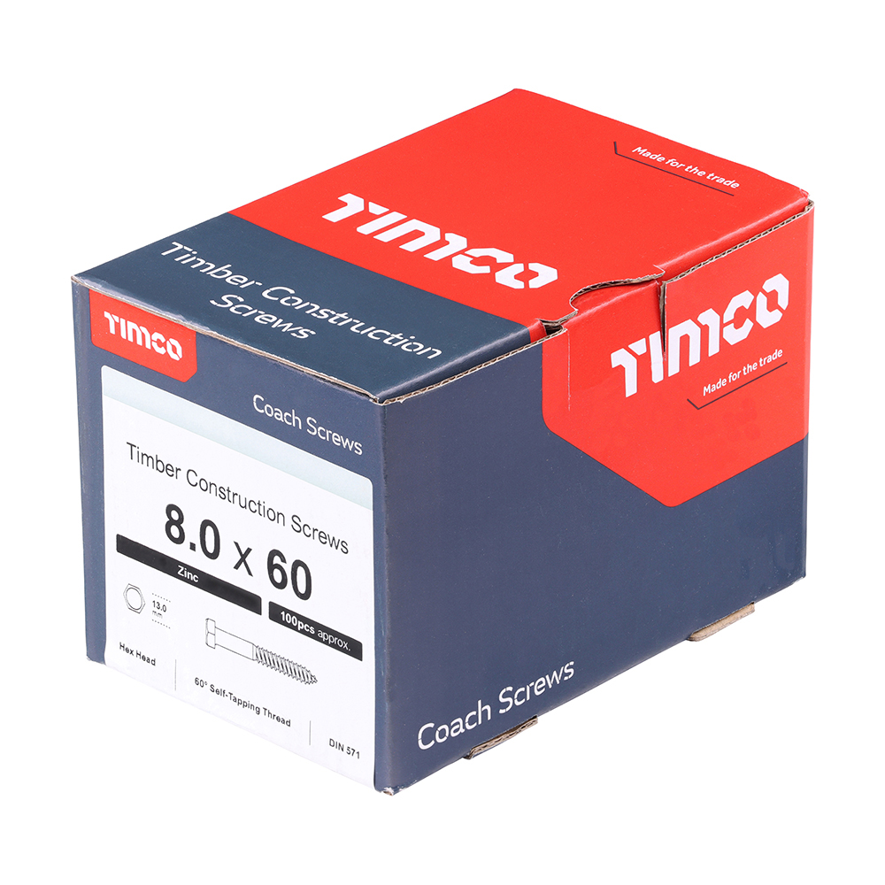 Timco Coach Screws - Hex - Zinc - 8.0 x 60 - Box of 100 - 0860CSC - Box