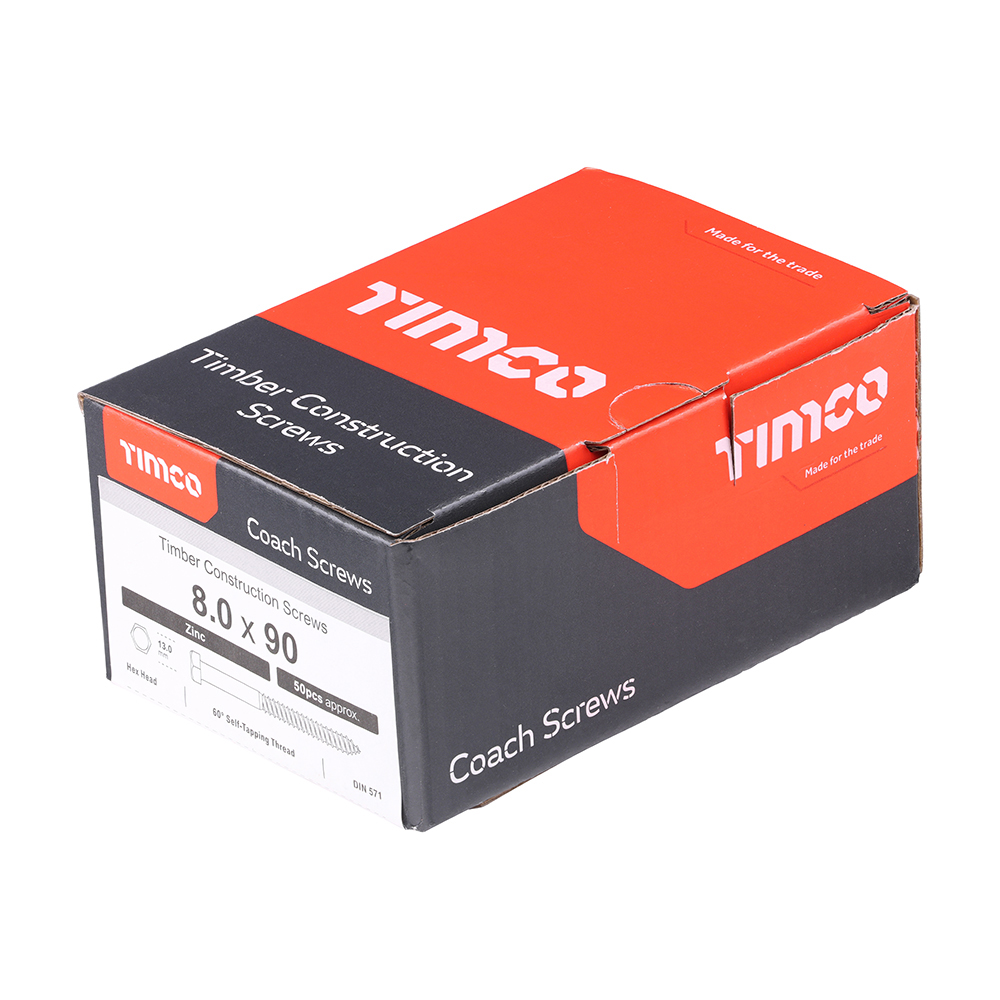 Timco Coach Screws - Hex - Zinc - 8.0 x 90 - Box