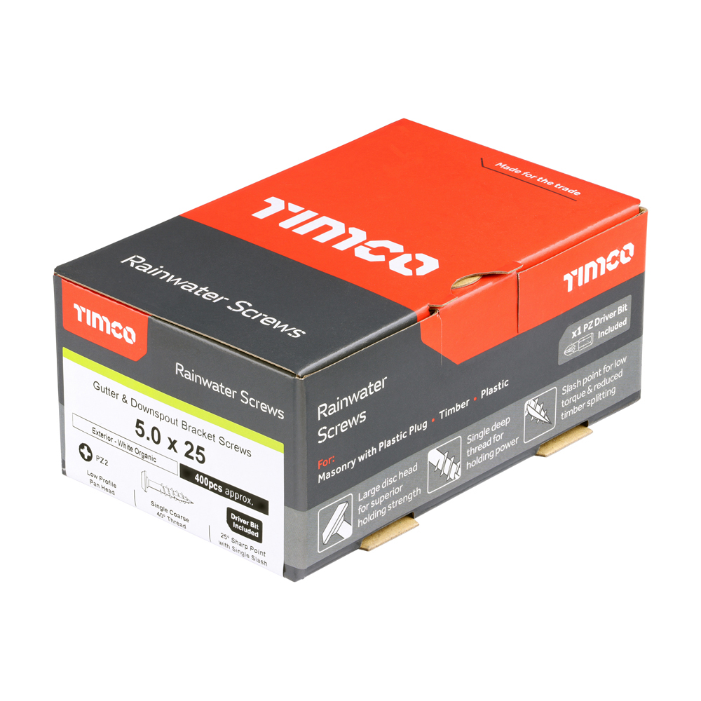 Timco Rainwater Screws - PZ - Low Profile Pan - Exterior - White - 5.0 x 25 - Box of 400