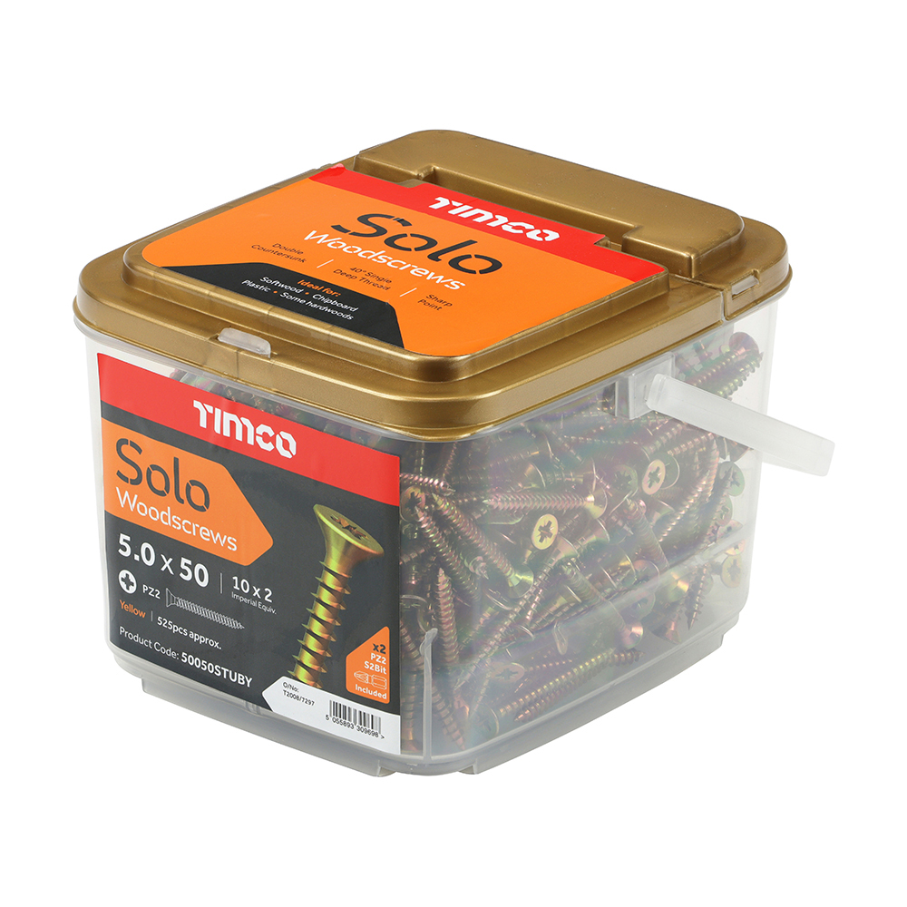 Timco Solo Woodscrews - 5.0 x 50 - PZ - Double Countersunk - Yellow - Tub of 525 - 50050STUBY
