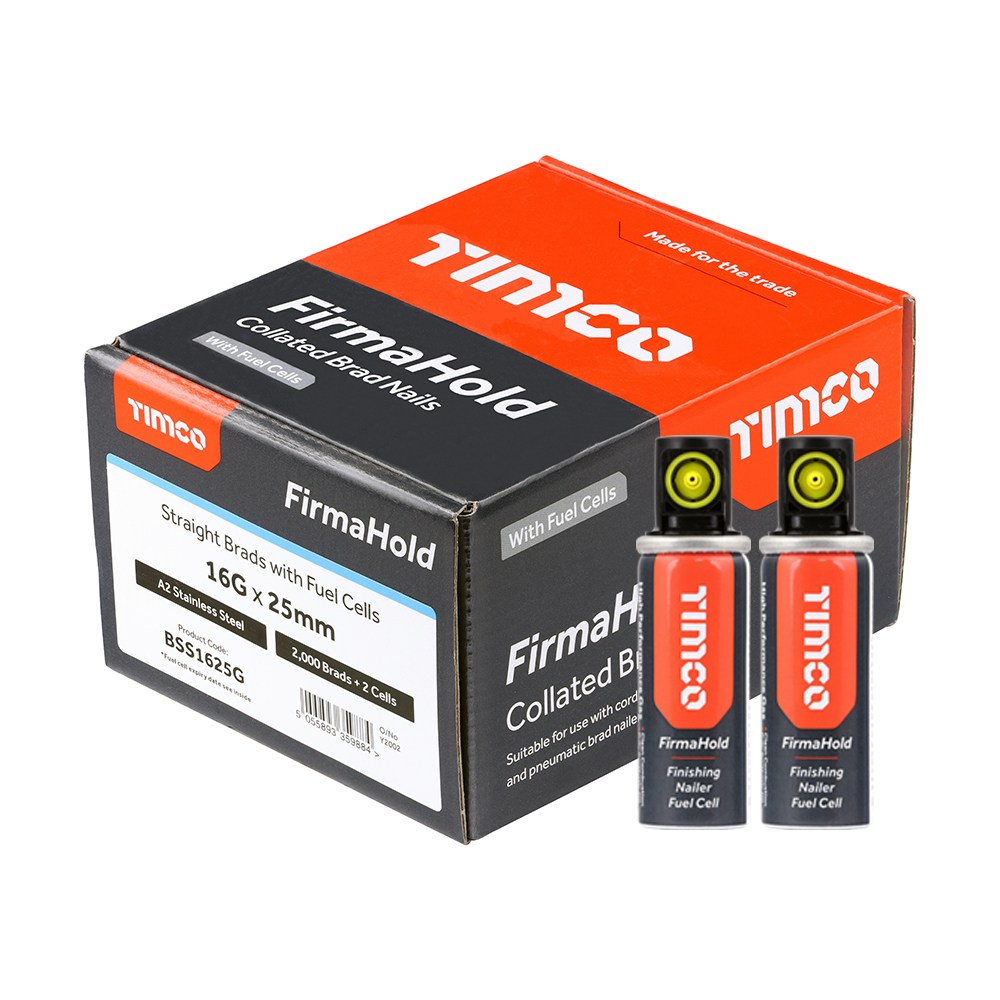 FirmaHold Collated Brad Nails & Fuel Cells - 16 Gauge - Straight - A2 Stainless Steel - 16g x 25/2BFC