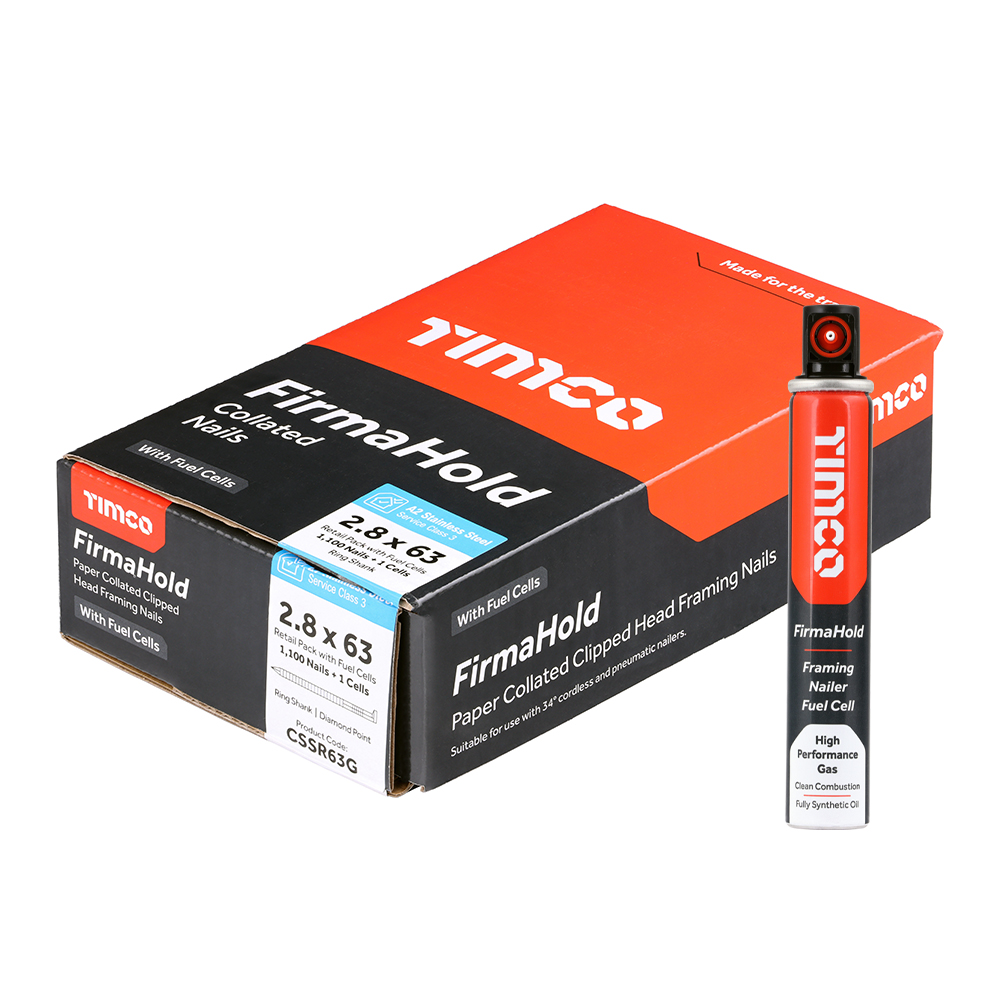 FirmaHold Collated Clipped Head Nails & Fuel Cells - Retail Pack - Ring Shank - A2 Stainless Steel - 2.8 x 63/1CFC