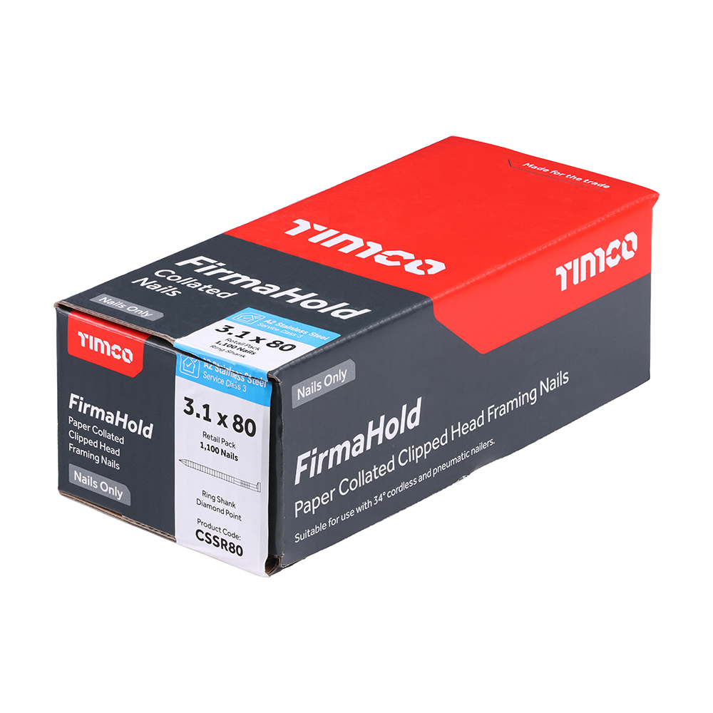 Timco FirmaHold 8 3.1 x 80 mm Collated Clipped Head Nails - A2 Stainless Steel - Retail Pack - Ring Shank - Box of 1100