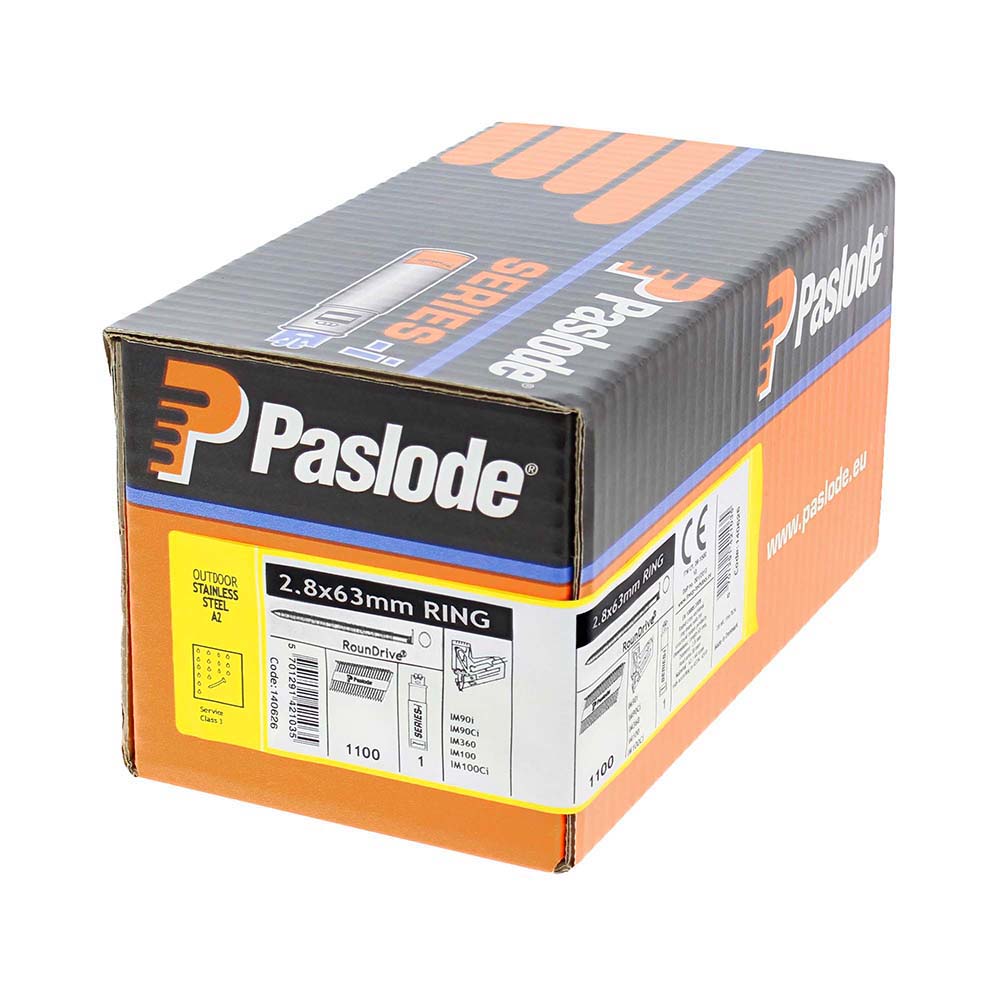 Paslode IM360Ci Nails & Fuel Cells Retail Pack - Ring Shank - Stainless Steel - 140632 - 2.8 x 63/1CFC - Box of 1100