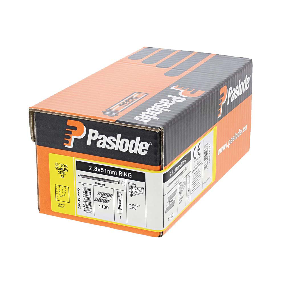 Paslode IM350+ Nails & Fuel Cells Retail Pack - Ring Shank - Stainless Steel - 141257 - 2.8 x 51/1CFC - Box of 1100