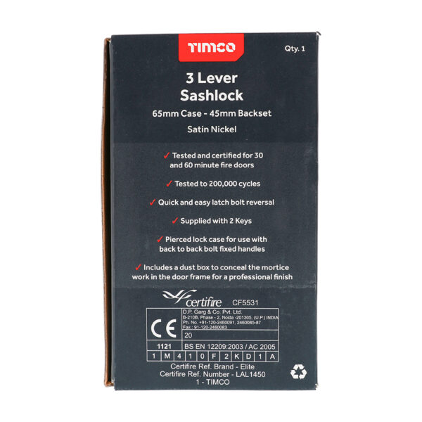 Timco - 675321 - 3 Lever Sashlock Sat. Nickel - 65 case / 45 backset ...