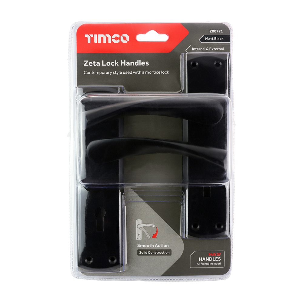 Timco Zeta Lock Handles - Matt Black 175 x 45 - in packet