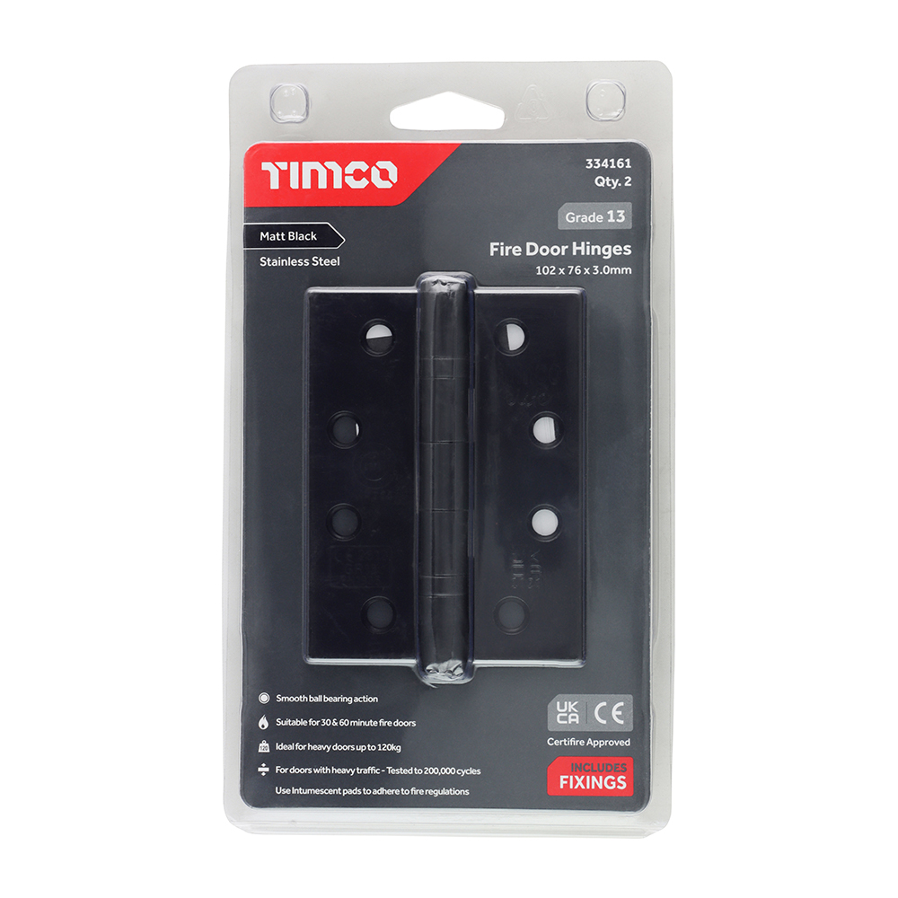 Grade 13 Fire Door Hinges - Matt Black Stainless Steel 101 x 76 x 3