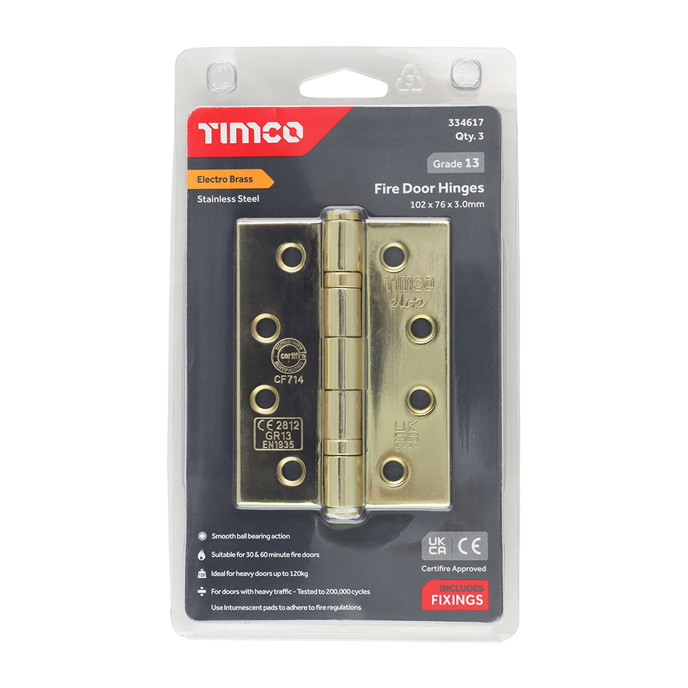 Grade 13 Fire Door Hinges - Electro Brass Stainless Steel 101 x 76 x 3