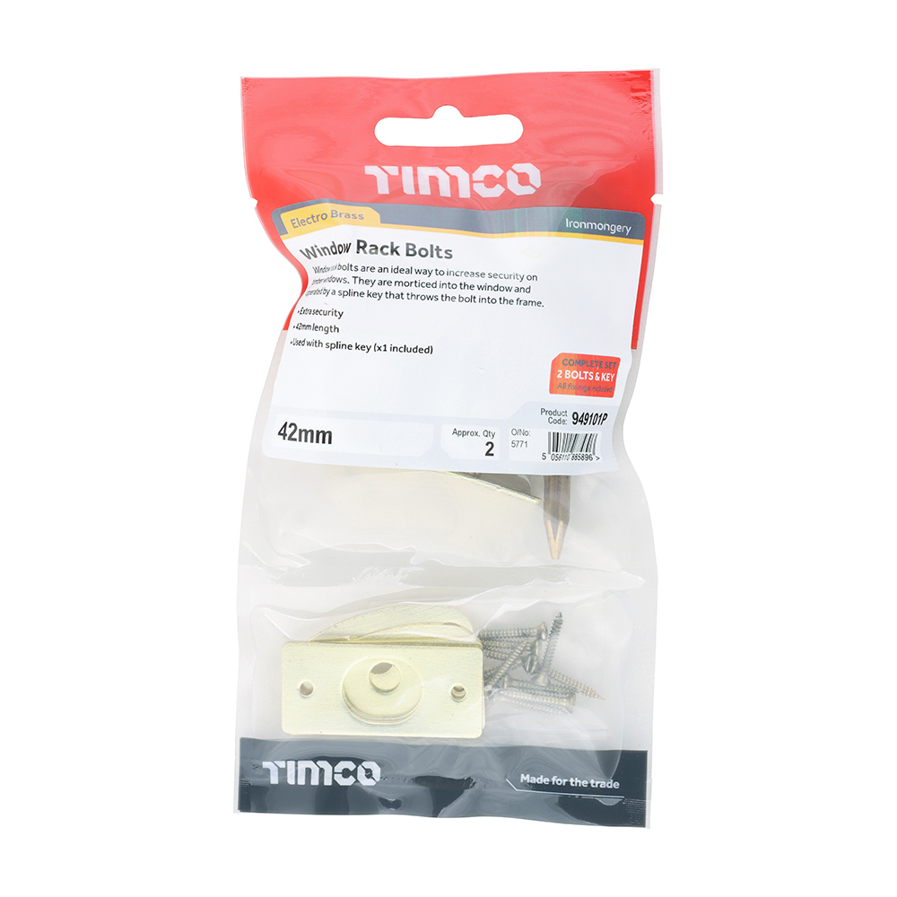 Timco Window Rack Bolts - Electro Brass - 42mm - Pack of 2 - 949101P