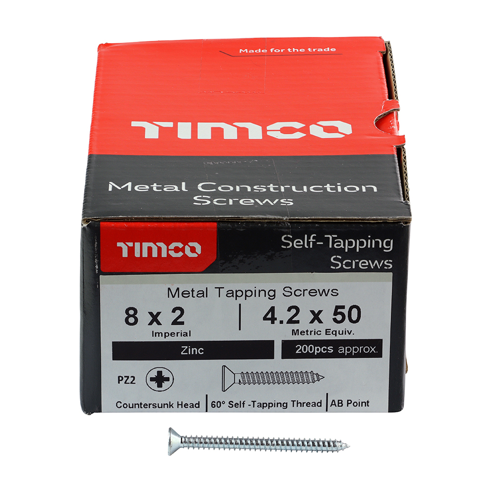 00082CCAZS_w3 Picture of Timco Self-Tapping Screws - 8 x 2 - PZ - Countersunk - Zinc in box with screw by side