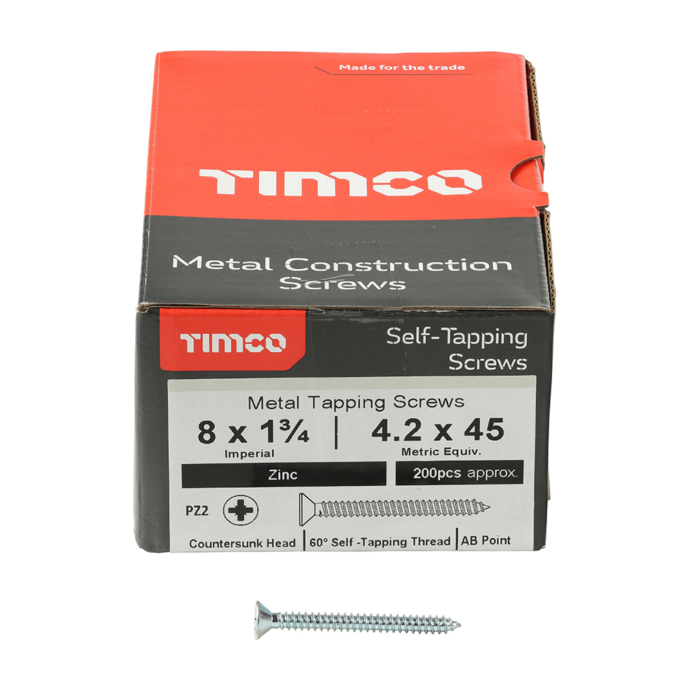08134CCAZS_w3 Picture of Timco Self-Tapping Screws - 8 x 1 3/4 - PZ - Countersunk - Zinc in box with screw at side