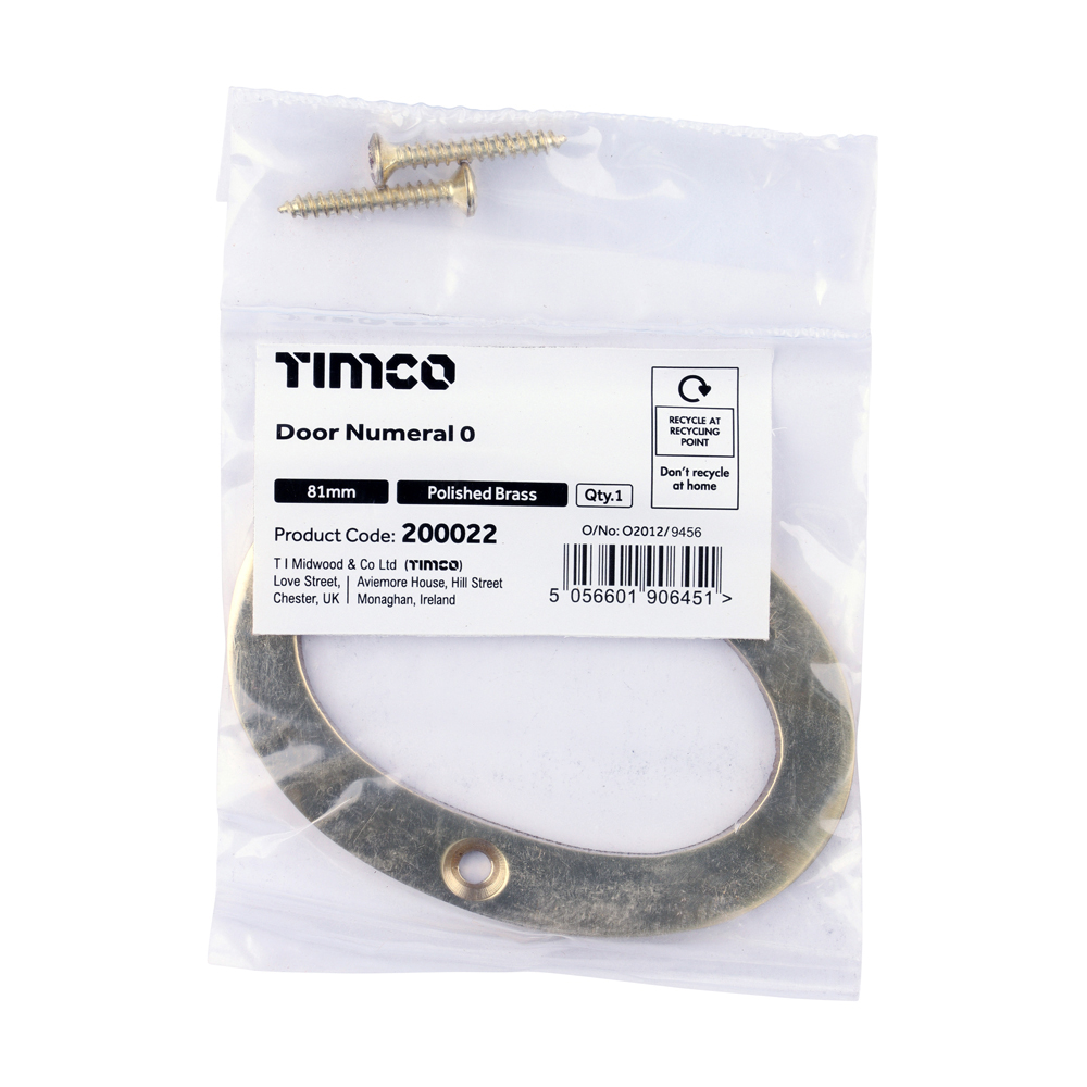 Timco Door Numeral 0 - Polished Brass 81mm - Bag