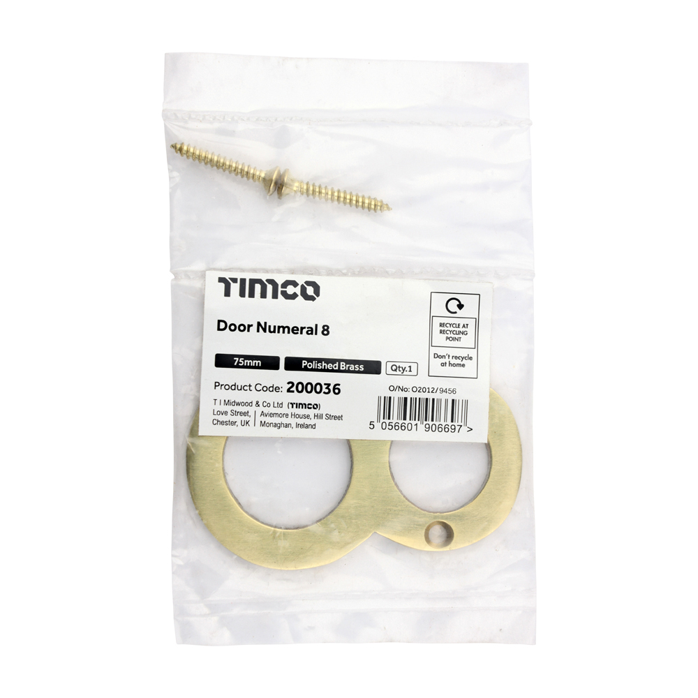 Timco Door Numeral 8 - Polished Brass 75mm - Bag