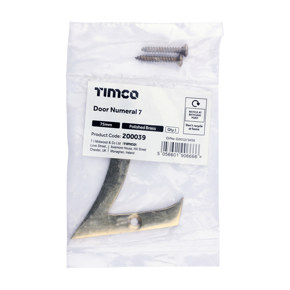 Timco Door Numeral 7 - Polished Brass 75mm - Bag