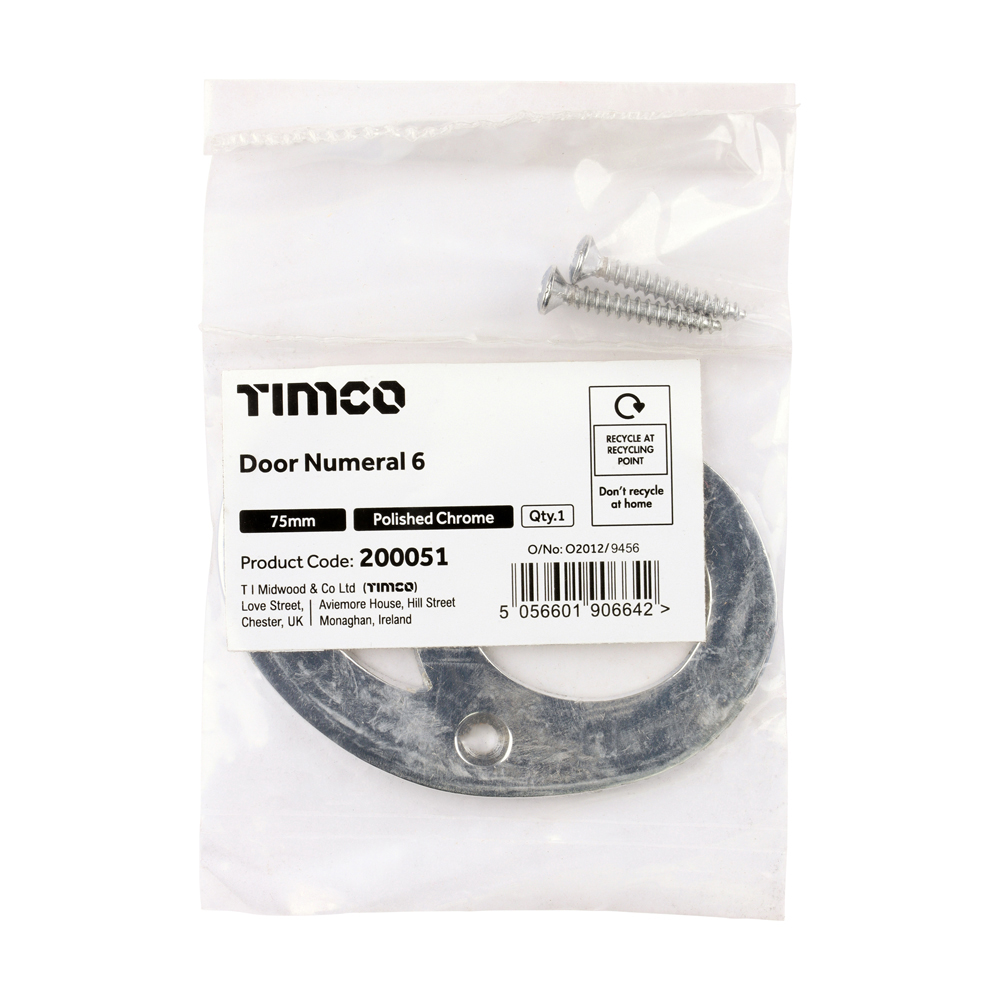 Timco Door Numeral 6 - Polished Chrome 75mm - Bag