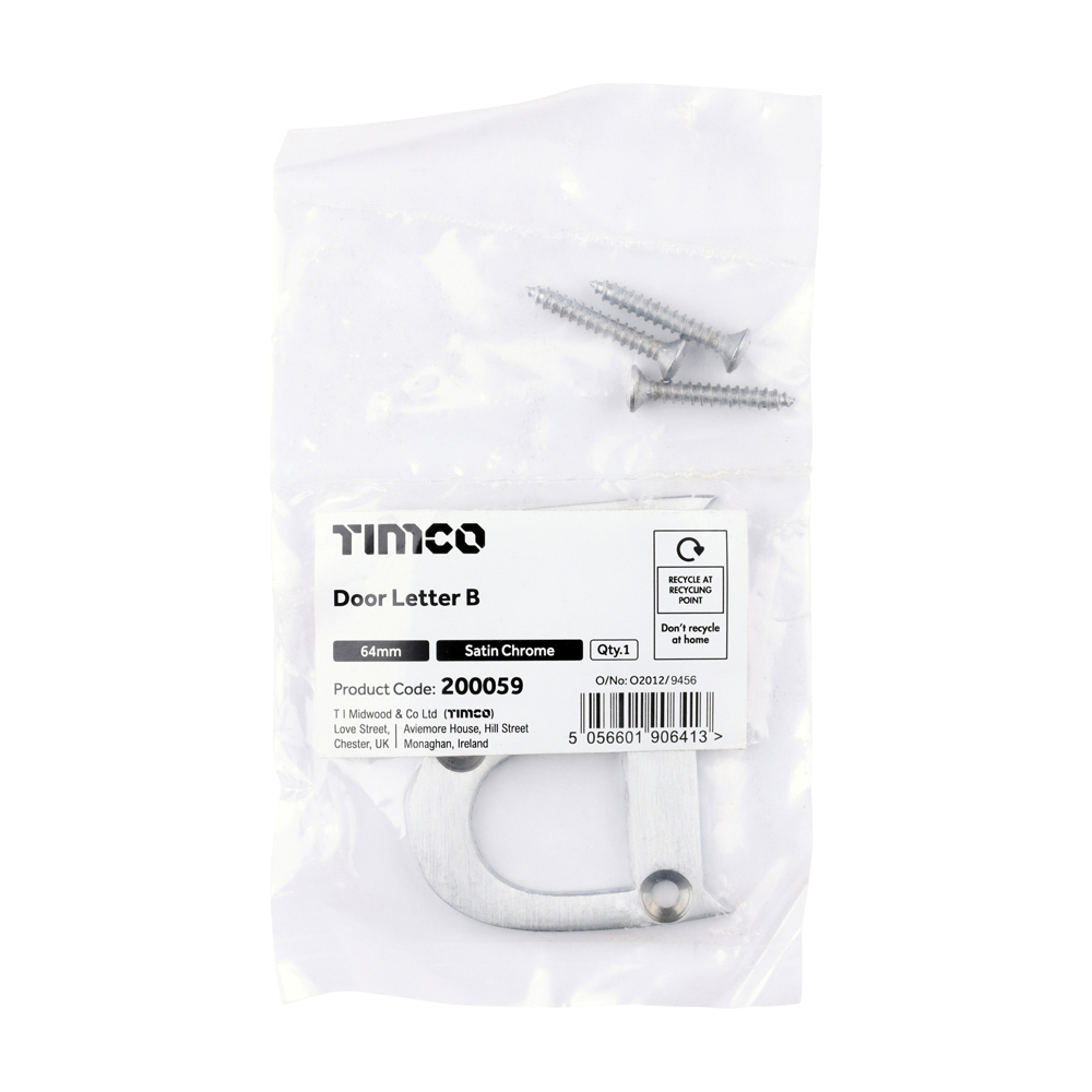 Timco Door Letter B - Satin Chrome 64mm - Bag