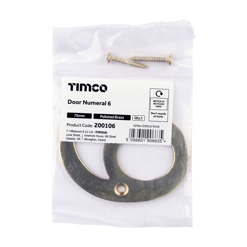 Timco Door Numeral 6 - Polished Brass 75mm - Bag