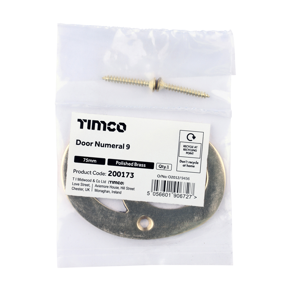 Timco Door Numeral 9 - Polished Brass 75mm - Bag