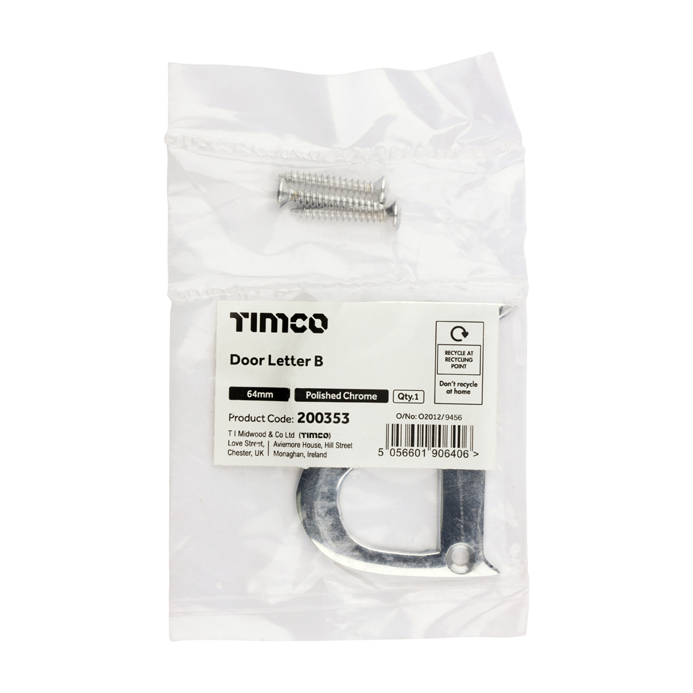 Timco Door Letter B - Polished Chrome 64mm - Bag