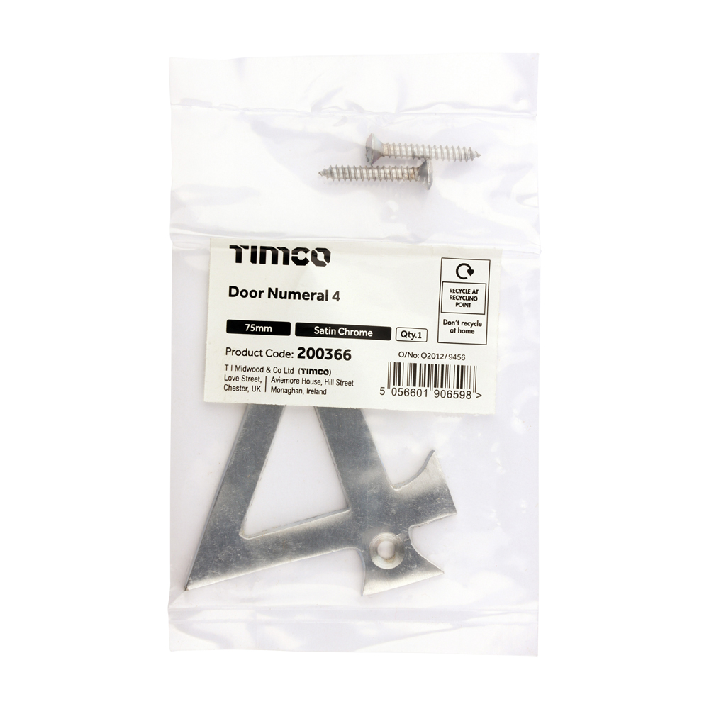 Timco Door Numeral 4 - Satin Chrome 75mm - Bag