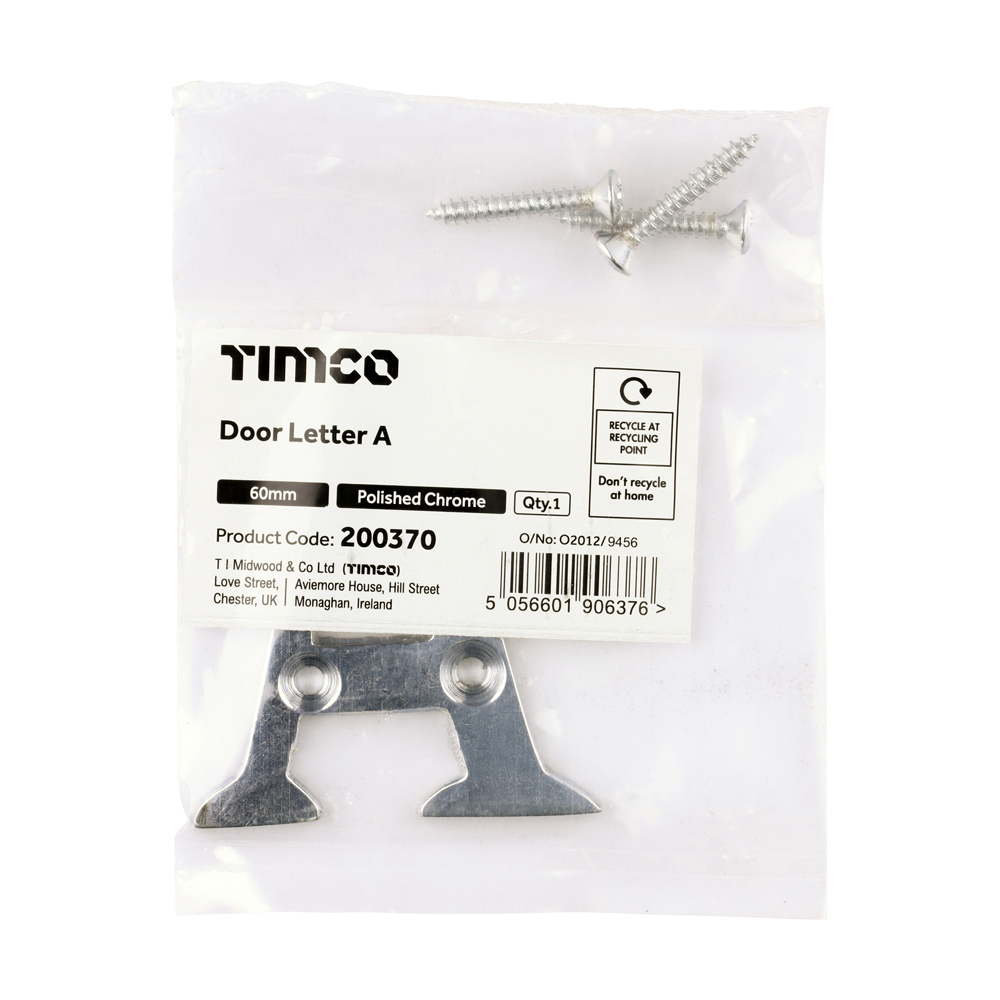 Timco Door Letter A - Polished Chrome 60mm - Bag