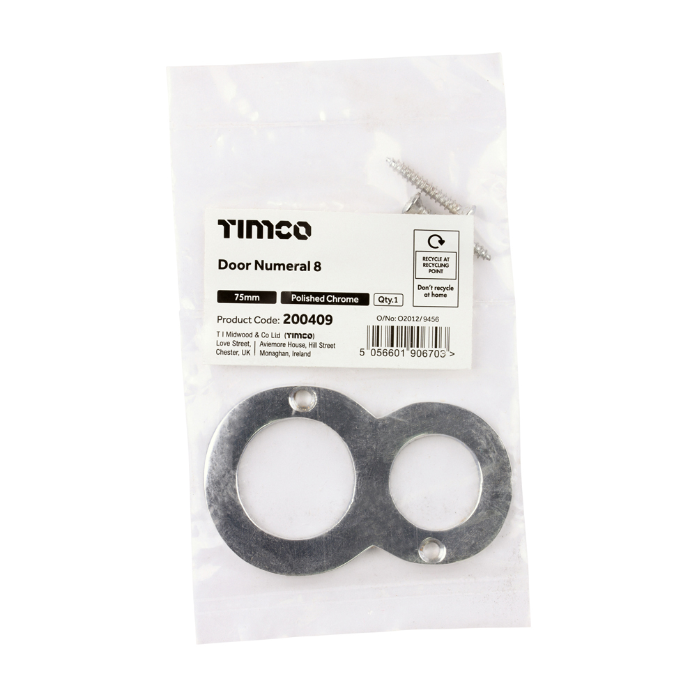 200409_w2 Timco Door Numeral 8 - Polished Chrome 75mm - Bag