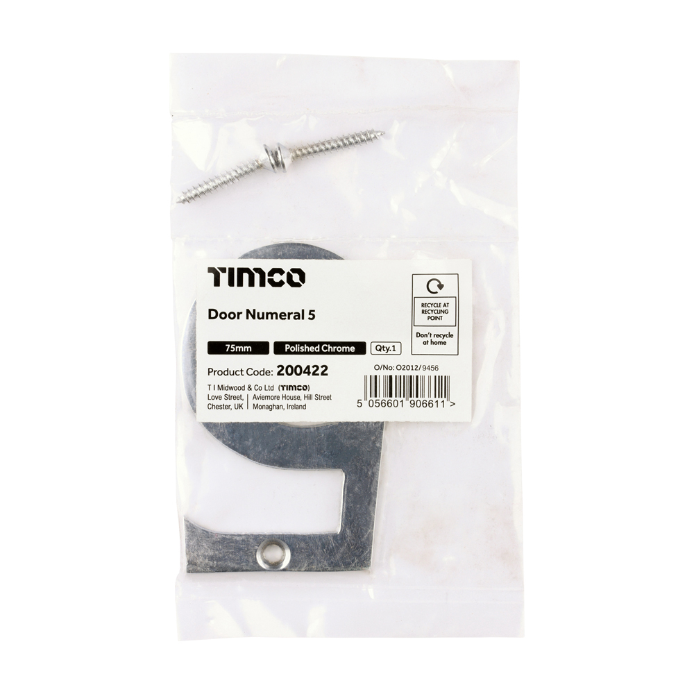Timco Door Numeral 5 - Polished Chrome 75mm - Bag
