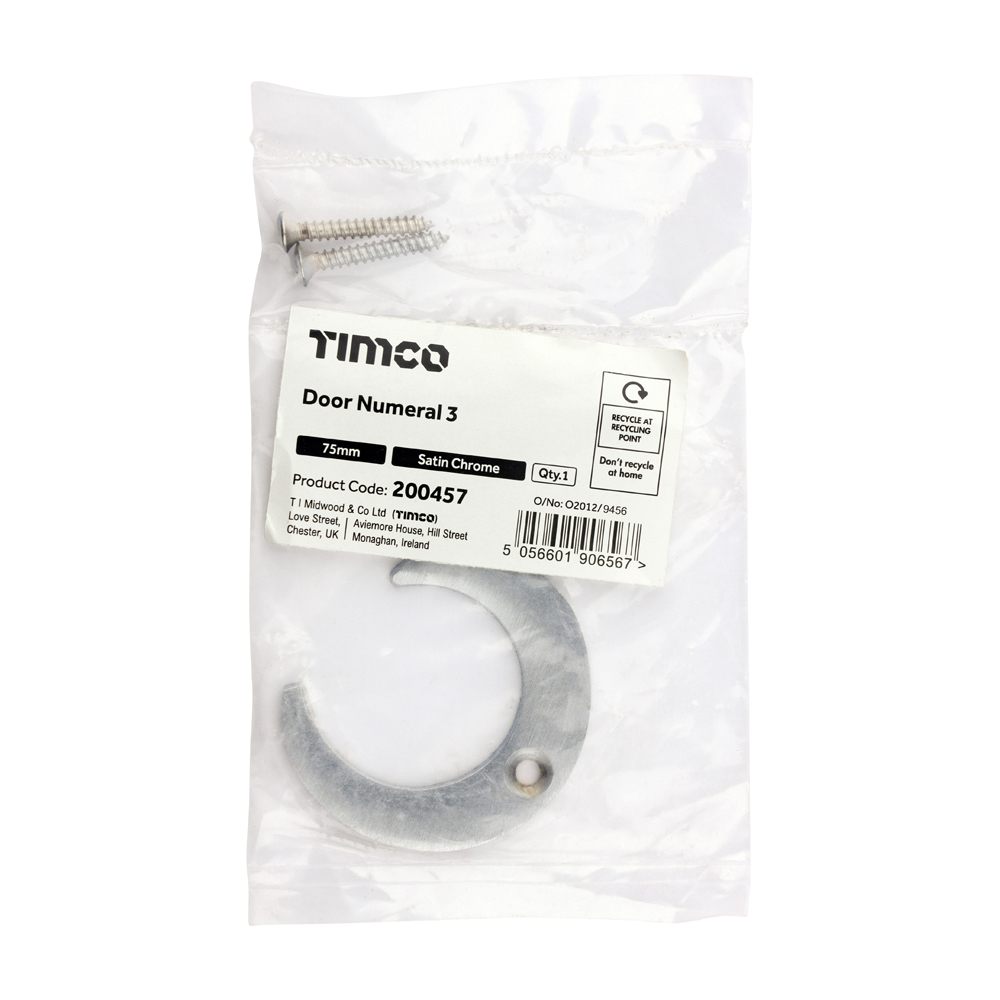 200457_w2 Timco Door Numeral 3 - Satin Chrome 75mm - Bag