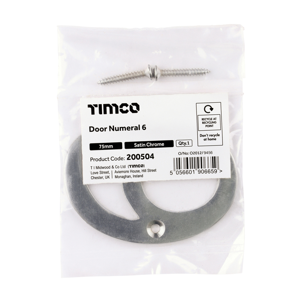 Timco Door Numeral 6 - Satin Chrome 75mm - Bag
