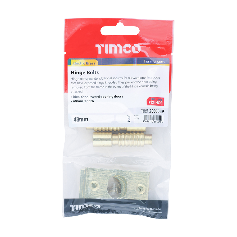 200606P_w2 Timco Hinge Bolt - Electro Brass 48mm - TIMpac of 2