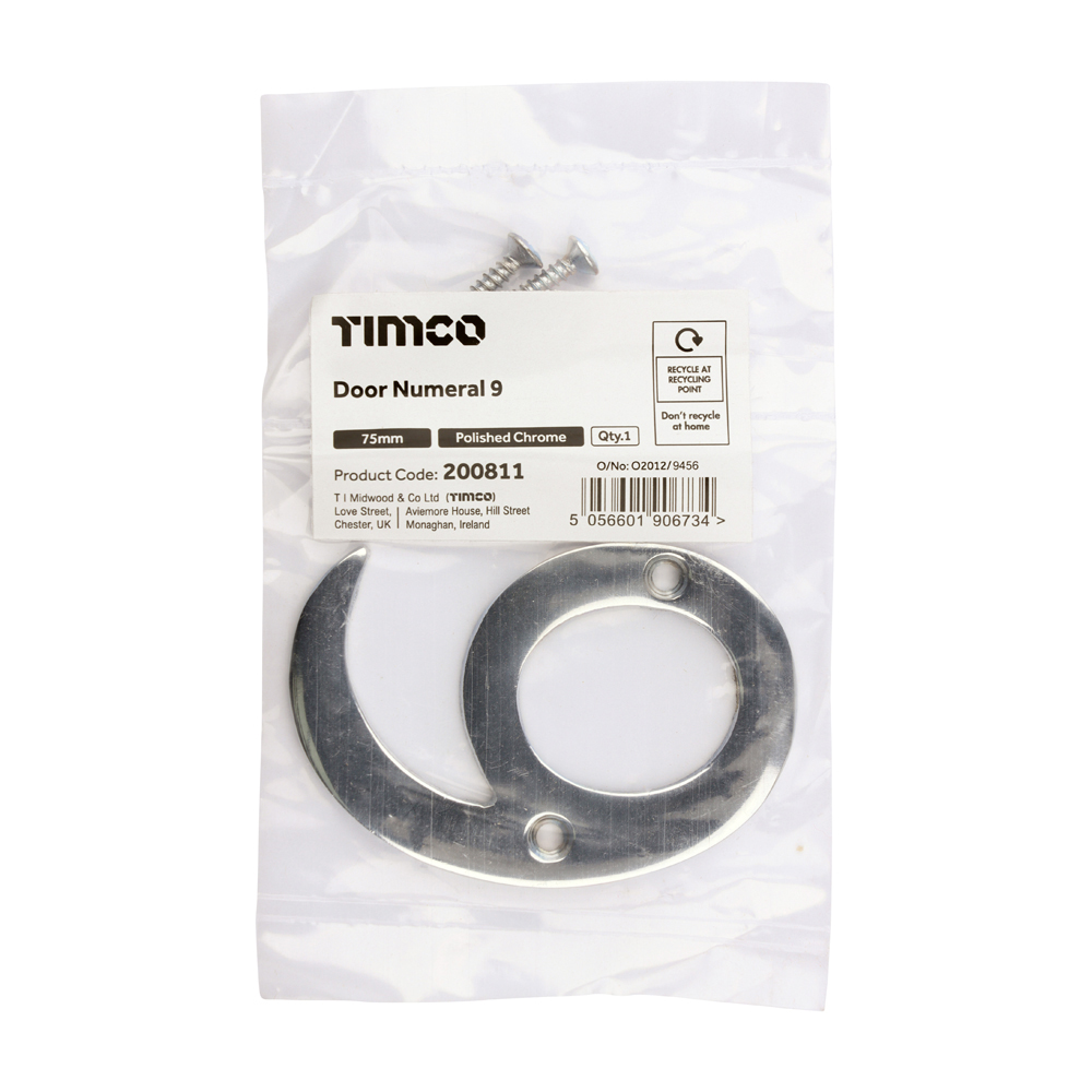 Timco Door Numeral 9 - Polished Chrome 75mm - Bag