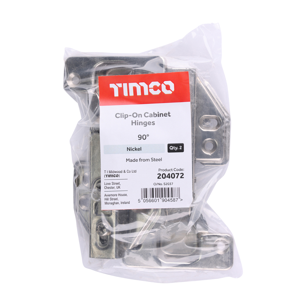 Timco Clip-On Cabinet Hinges - Nickel 90 Degree - Bag of 2