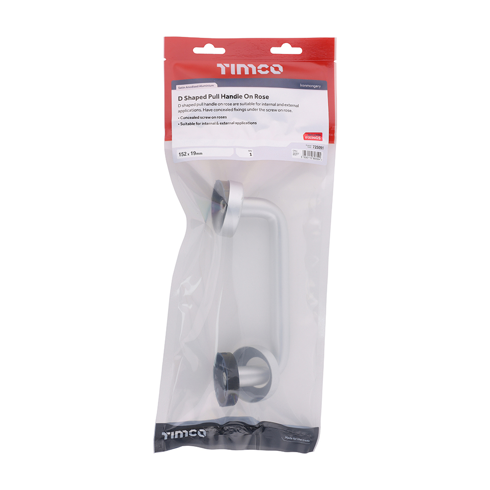 D Shaped Pull Handle On Rose - Satin Anodised Aluminium - 152 x 19 - in TIMbag