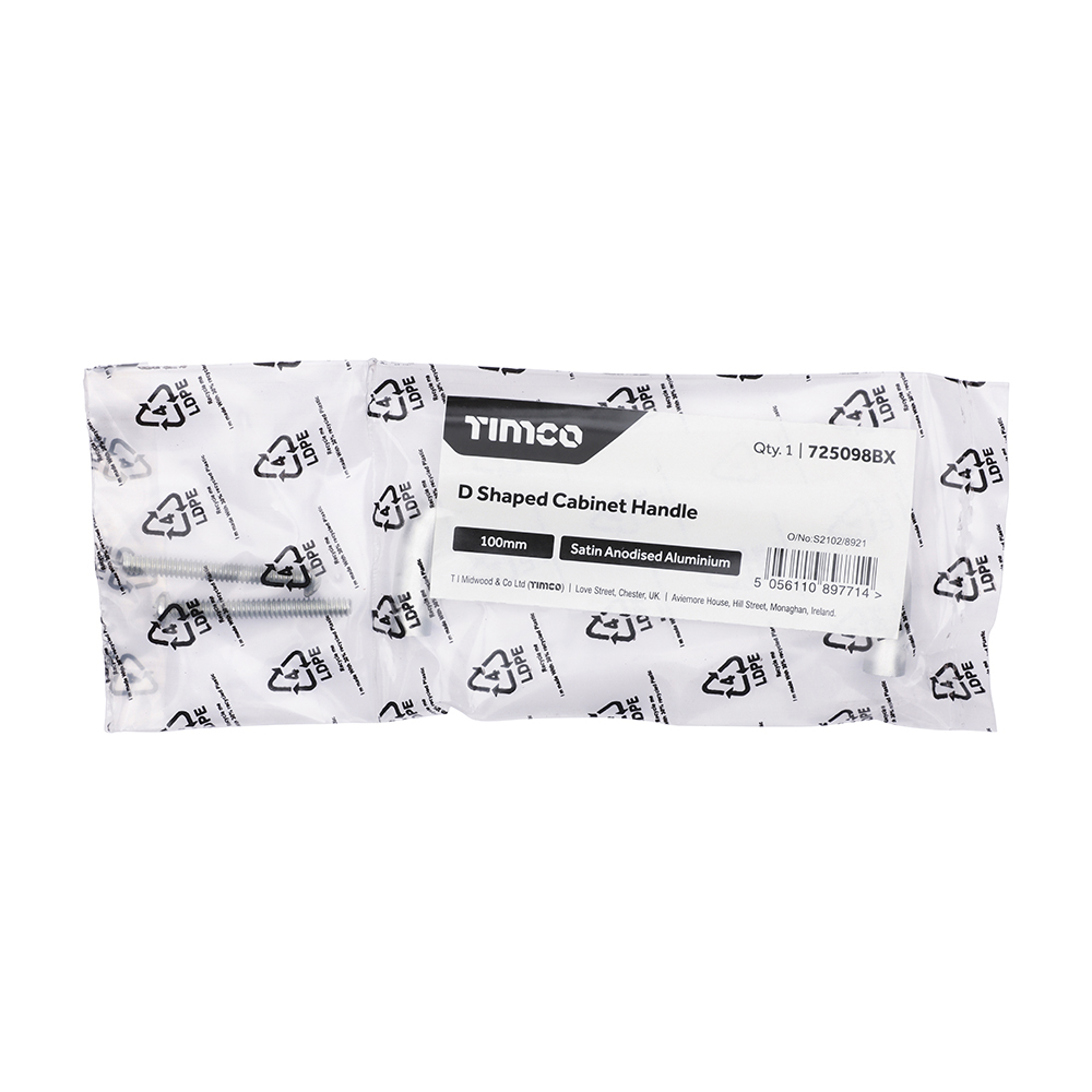 725098BX_w2 D Shaped Cabinet Handle - Satin Anodised Aluminium 100mm - In Bag