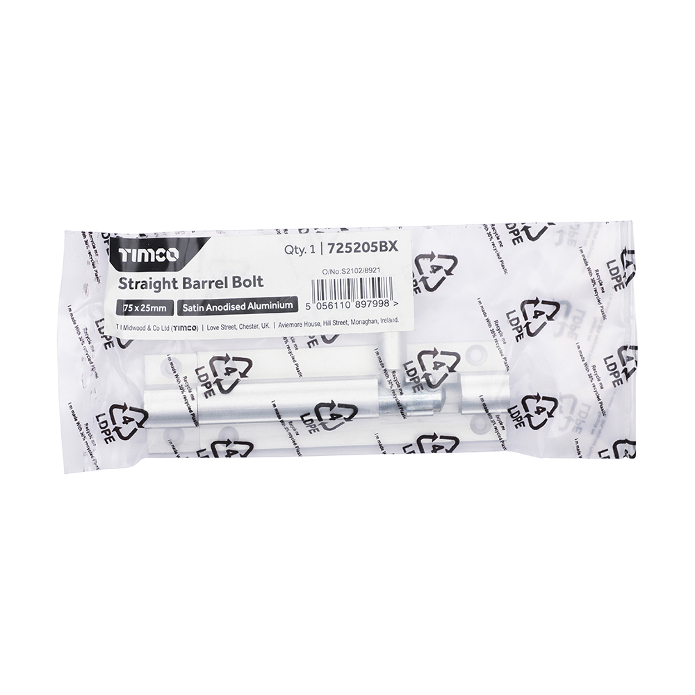 725205BX_w2 Straight Barrel Bolt - Satin Anodised Aluminium - 75 x 25 - Bag