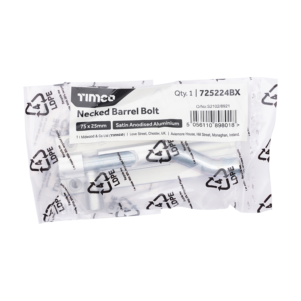 Necked Barrel Bolt - Satin Anodised Aluminium - 75 x 25 - Bag