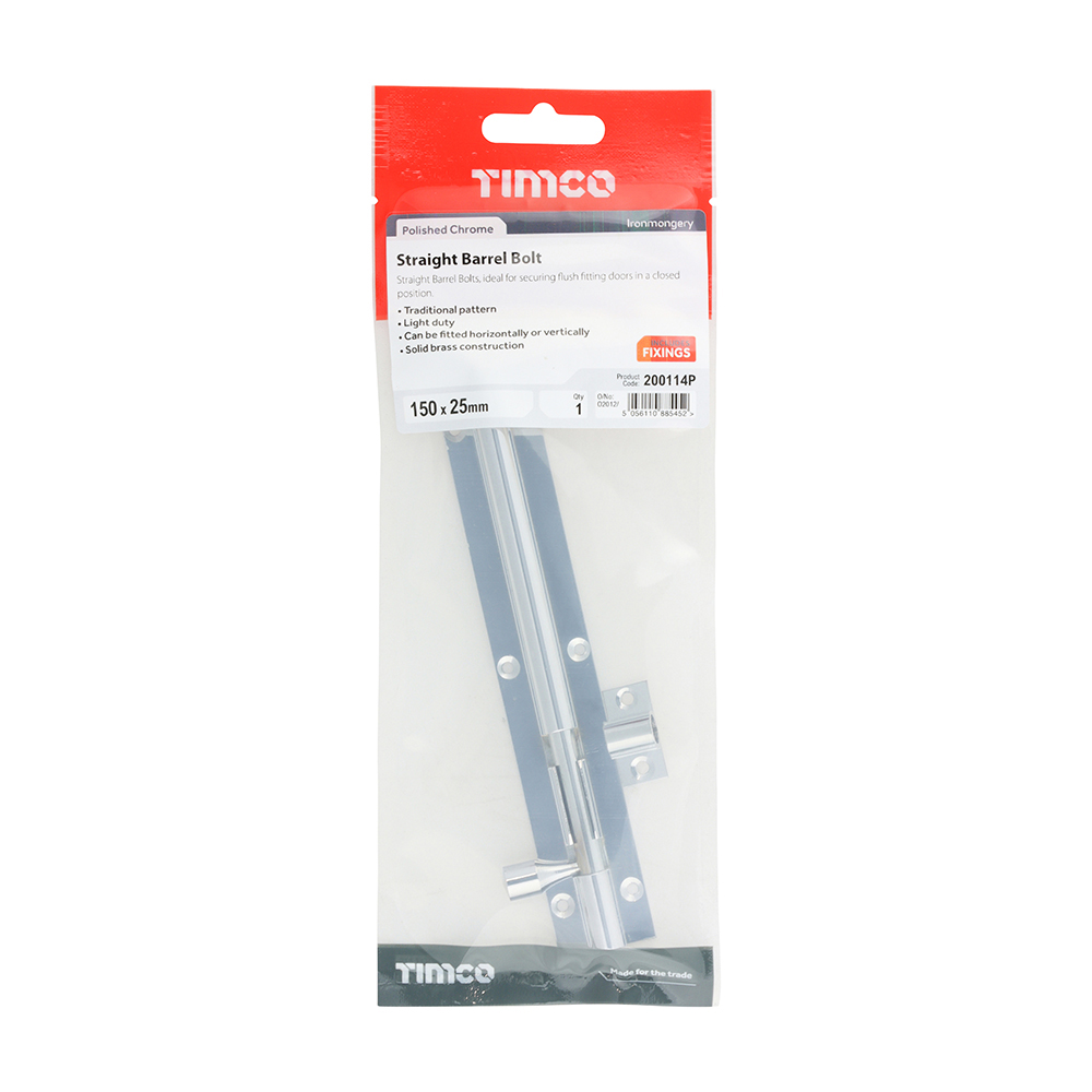 Timco Straight Barrel Bolt - Polished Chrome - 150 x 25mm - In TIMpac