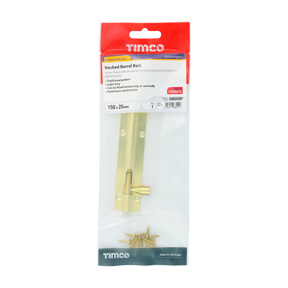 200200P_w2 Timco Necked Barrel Bolt - Polished Brass - 150 x 25mm