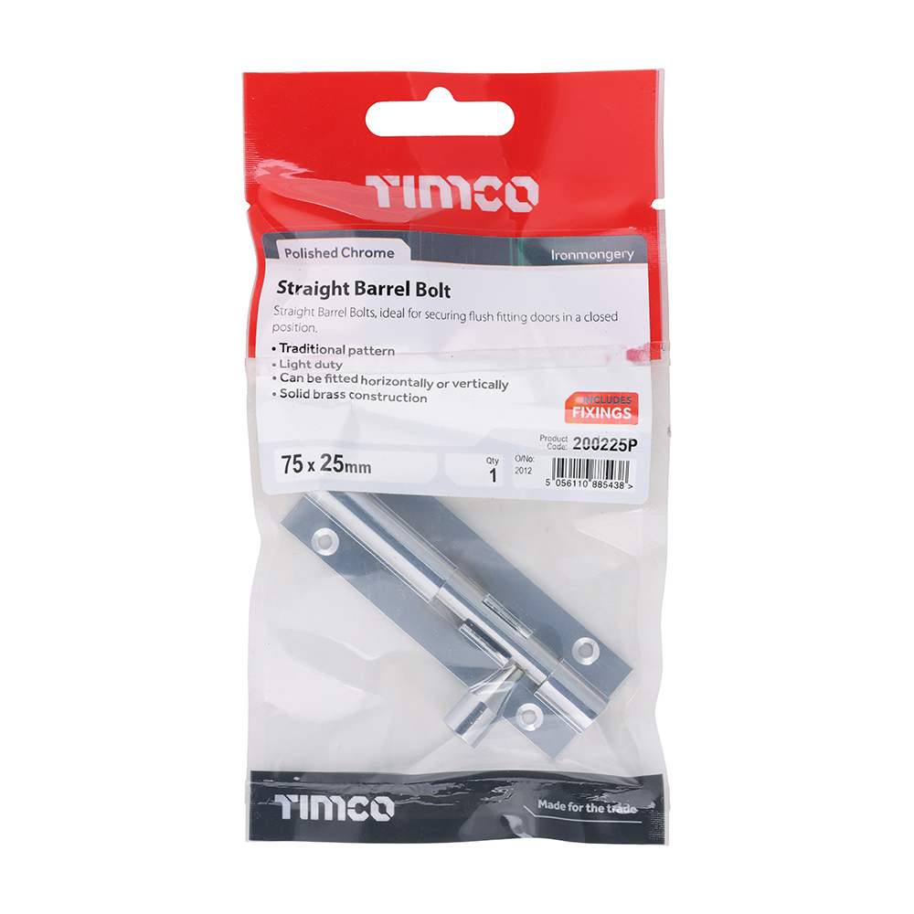200225P_w2 Timco Straight Barrel Bolt - Polished Chrome - 75 x 25mm in TIMpac