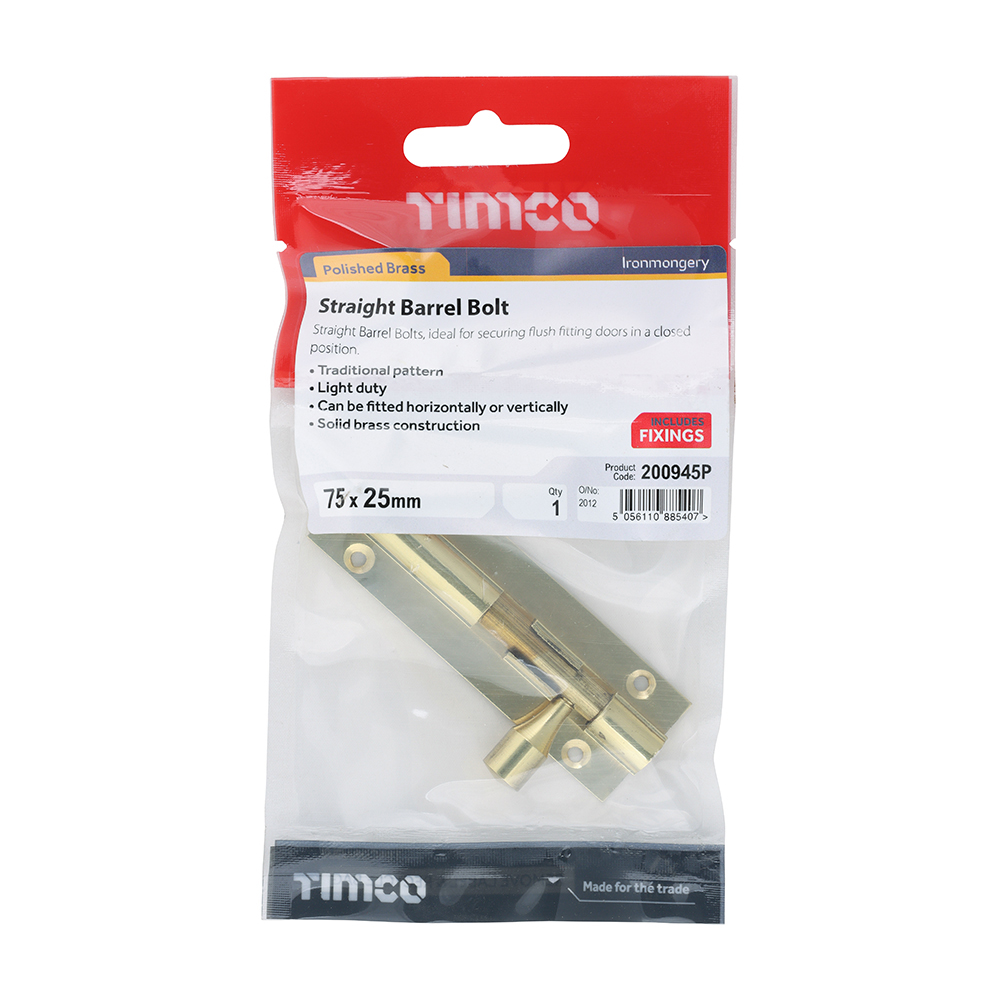 200945P_w2 Timco Straight Barrel Bolt - Polished Brass - 75 x 25mm - In TIMpac