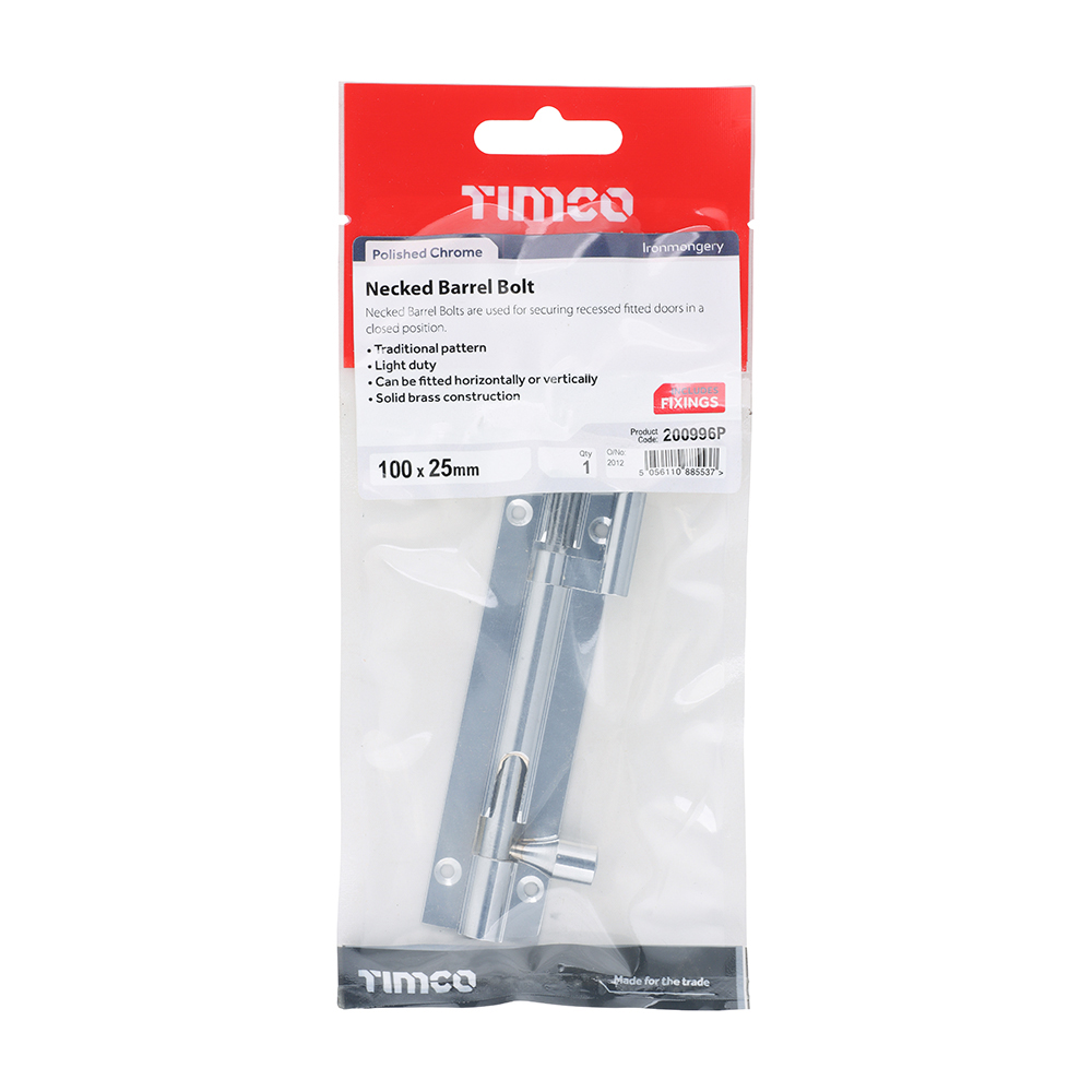 200996P_w2 Timco Necked Barrel Bolt - Polished Chrome - 100 x 25mm in TIMpac