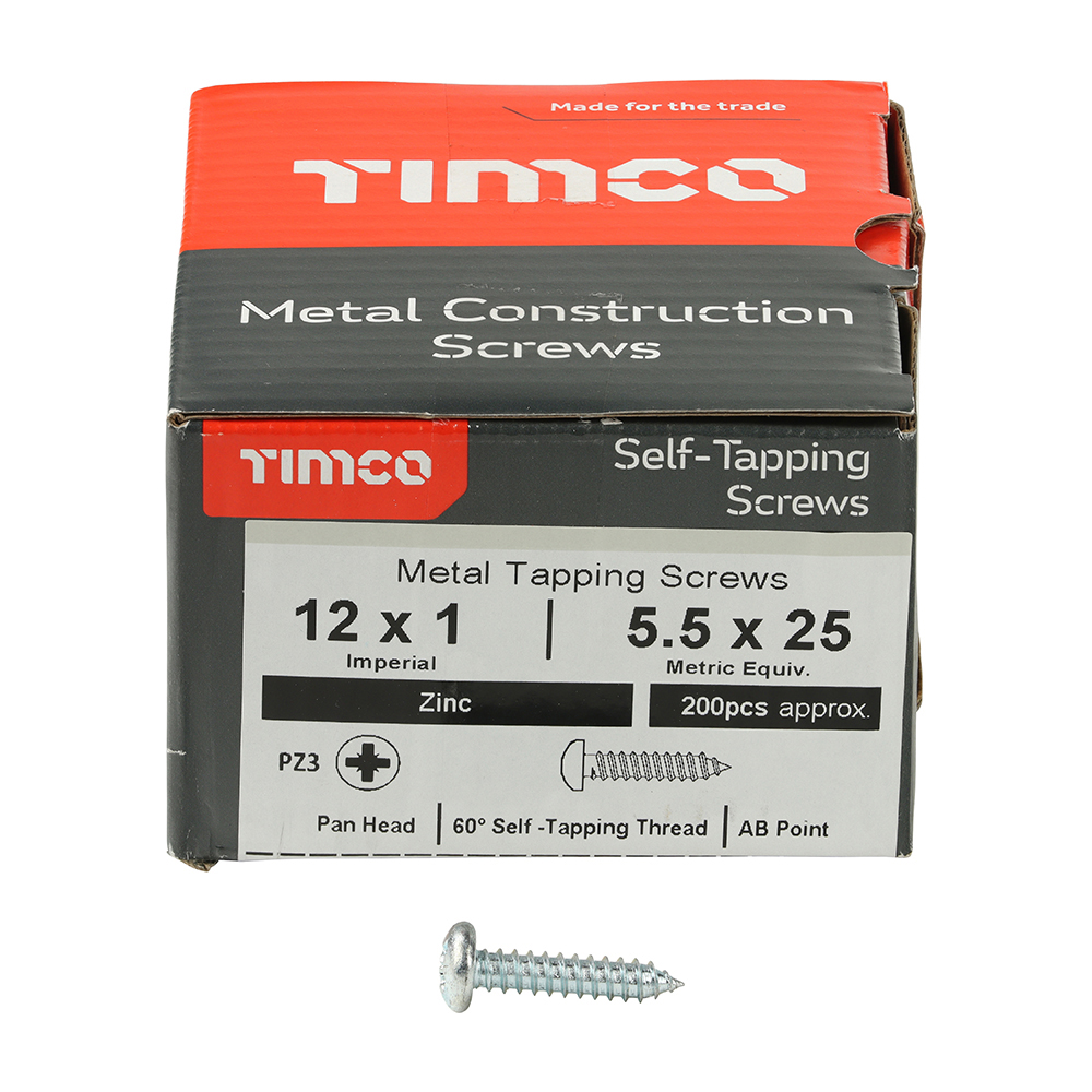00121CPAZS_w3 Timco Metal Tapping Screws - PZ - Pan - Self-Tapping - Zinc - 12 x 1 - Box of 200 and screw