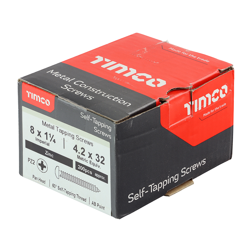 Timco Self-Tapping Screws - PZ - Pan - Zinc - 8 x 1 1/4 - Box of 200