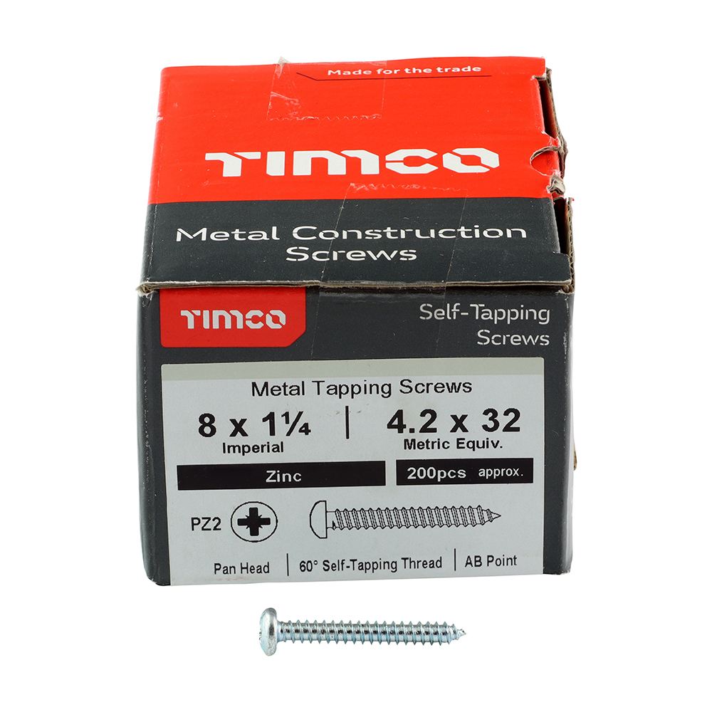 Timco Self-Tapping Screws - PZ - Pan - Zinc - 8 x 1 1/4 - Box of 200 and screw